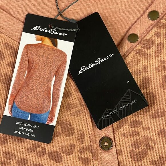 EDDIE BAUER Ladies Thermal Henley Shirt Top Autumn Rose Cheetah Size Large NWT - Picture 10 of 12